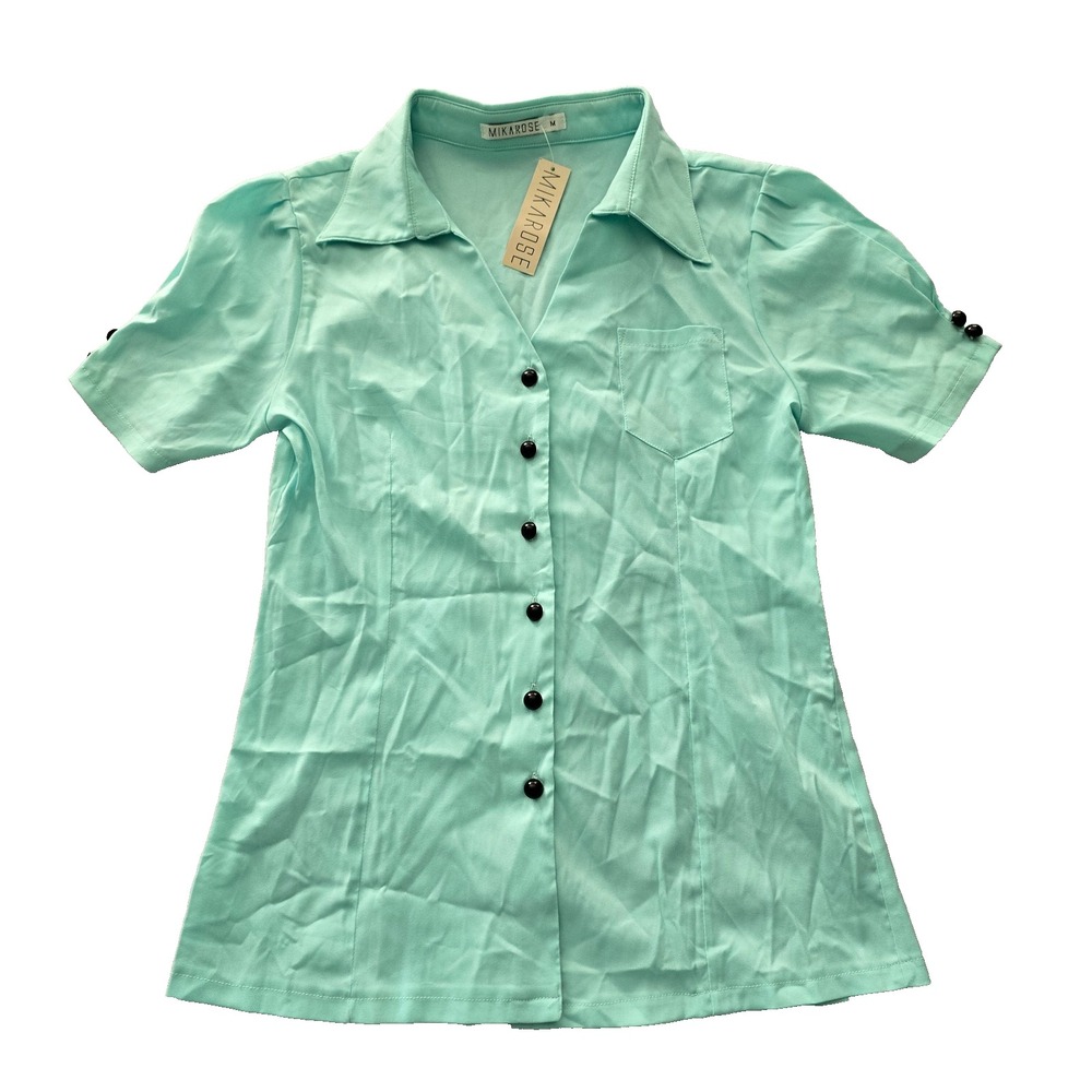 Y2K Vintage Retro Preppy Green Milkmaid Soft Academia Button Shirt Top Medium